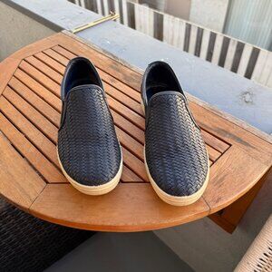 Ecco Womens Black Woven Leather Slip-On Shoes Extra Width